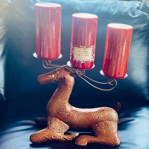 Pier 1 Metal Reindeer Candle Holder with Red Pillar Candles
